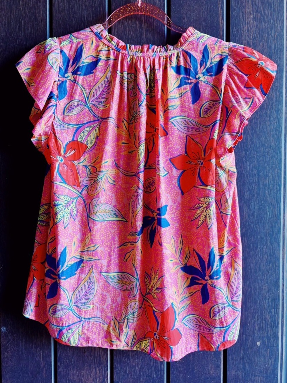 Rose & Olive Pink Floral V-Neck Ruffle Sleeve Top - Picture 2 of 3